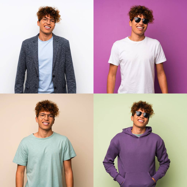 Set di uomo afroamericano con occhiali e felice
 - Foto, immagini