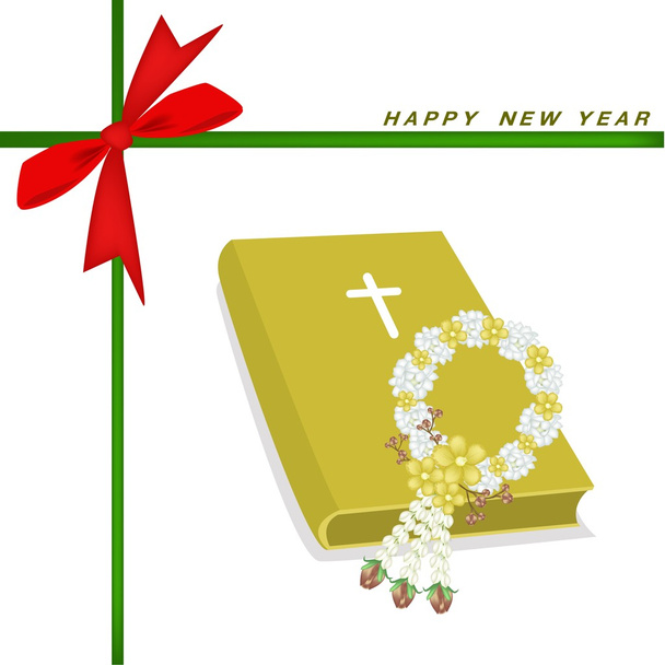 Nieuwjaar Geschenkenkaart met Bijbel en bloem garland - Foto, afbeelding