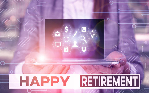 Kirjoitan viestiä, jossa lukee Happy Retirement. Business valokuva esittelee ottaa luotettava kuukausittainen eläke tarkistaa Living työ
. - Valokuva, kuva