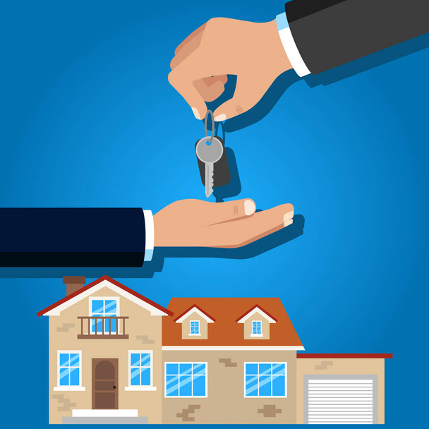 Concepto de bienes raíces vectoriales en estilo plano - manos dando llaves - vender casa. - Vector, imagen