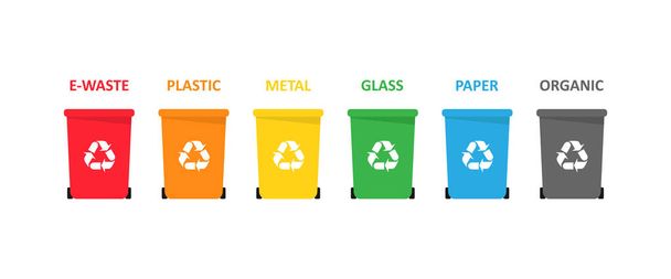 A set of trash bins for electronic, plastic, metal, glass, paper and organic waste. Vector EPS 10 - Vector, Image