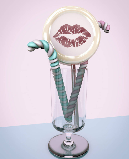 3D εικονογράφηση γύρο καραμέλα γλυκά και stick marshmellow κοντά u - Φωτογραφία, εικόνα