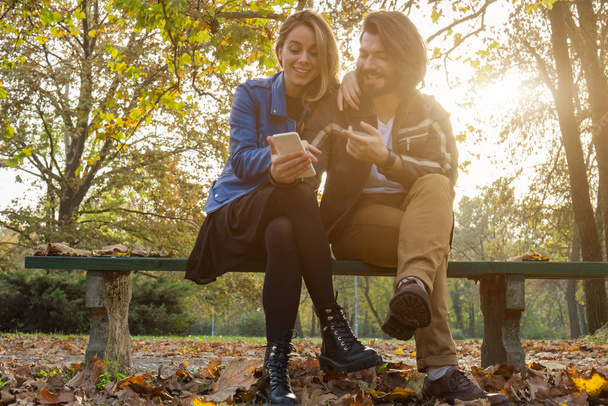 Young couple using cellphone in autumn colored park. - 写真・画像