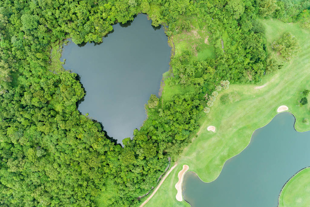 Vista aérea drone plano de arriba hacia abajo de campo de golf verde hermoso
  - Foto, Imagen