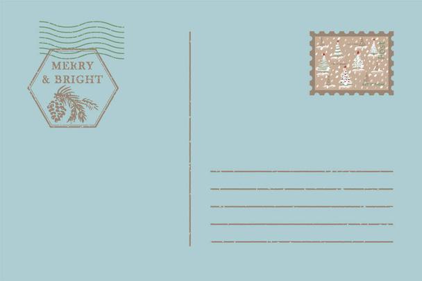 Malli vintage lentopostikortti ja kirjekuori. Tekstuuri grunge joulu leima kumi loma symbolit perinteisiä värejä. Paikka tervehdystekstillesi
 - Vektori, kuva
