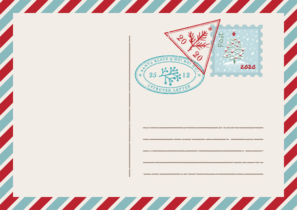 Template of vintage air mail postcard and envelope. Texture grunge christmas stamp rubber with holiday symbols in traditional colors. Place for your greeting text - Vector, Image