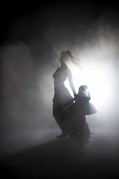 Silhouette dancer woman performing dance figures in fog. - Fotoğraf, Görsel