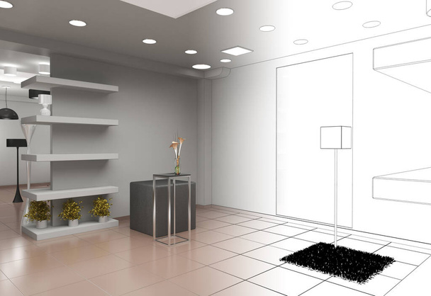 halb farbige und schwarz-weiß ausgekleidete Ladeninnenvisualisierung, 3D-Illustration  - Foto, Bild
