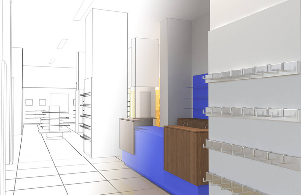 Внутренняя визуализация цветового магазина, 3D иллюстрация
  - Фото, изображение