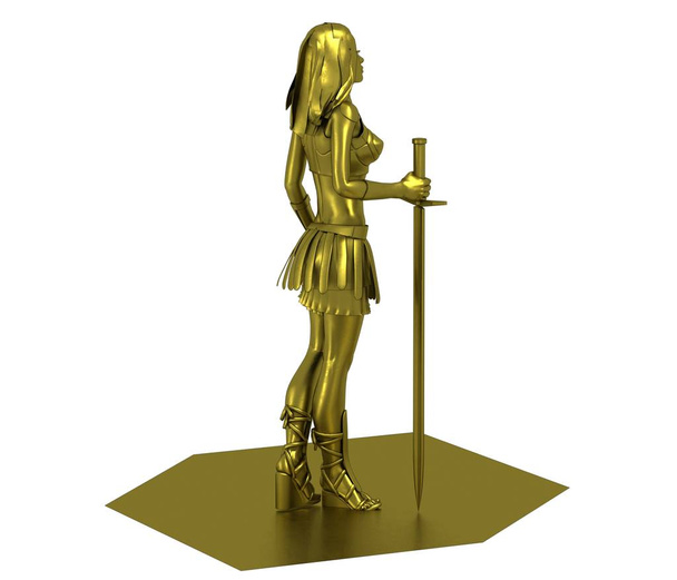 3D goldenes Modell von Kriegermädchen mit Schwert - Foto, Bild
