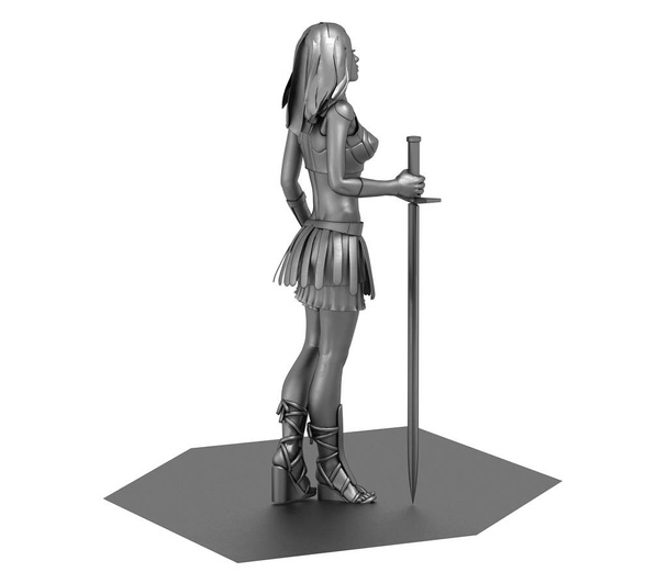 3d grey model of warrior girl holding sword - 写真・画像
