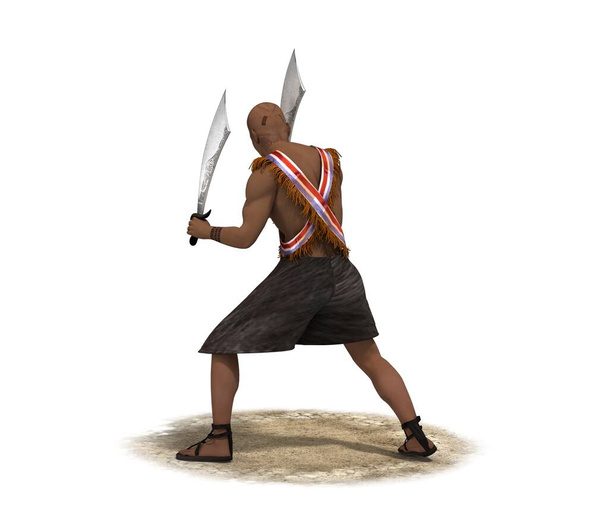 3D-Farbabbildung des Kriegers mit zwei Schwertern auf weißem Hintergrund - Foto, Bild