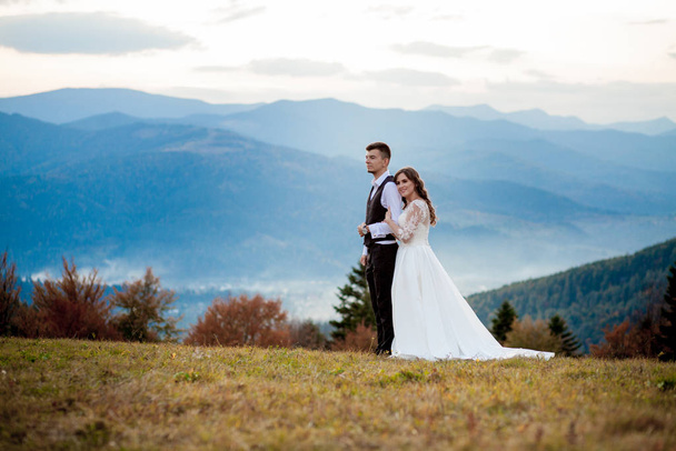 Beautiful wedding couple, bride and groom, in love on the background of mountains. The groom in a beautiful suit and the bride in a white luxury dress. Wedding couple is walking - Фото, изображение