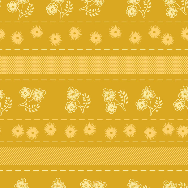zökkenőmentes vektor minta csíkok és virágok mustár sárga - Vektor, kép
