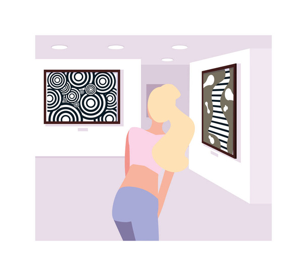 woman in contemporary art gallery, exhibition visitors viewing modern abstract paintings - Vector, Image