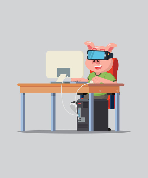 fat pig nerd playing vr games vector illustration - Vector, Imagen