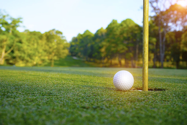 Balle de golf en vert sur un beau terrain de golf au crépuscule - Photo, image