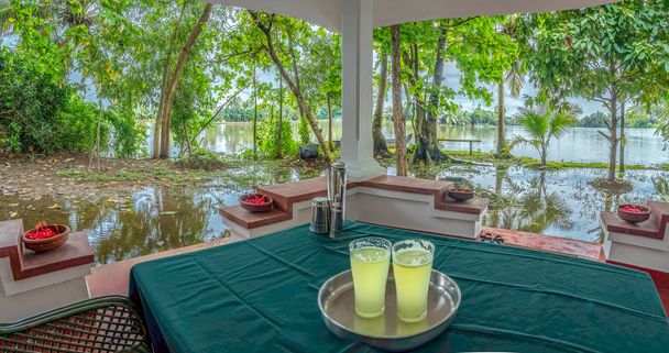 Juice on table with Kerala Backwaters in background - Photo, Image