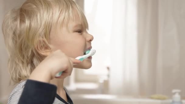mały chłopiec szczotkowania zębów w łazience - Materiał filmowy, wideo