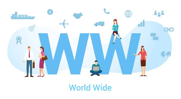 ww world wide concept with big word or text and team people with modern flat style - vector - Вектор,изображение