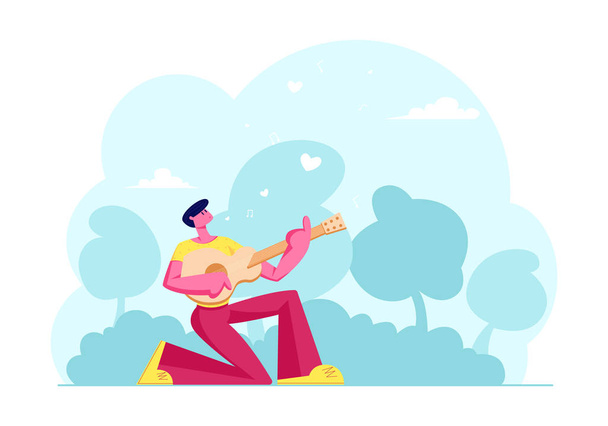 Romantique Sortir ensemble Concept. Homme debout sur un genou jouant de la guitare exécutant la chanson d'amour à la petite amie ou chantant la sérénade à l'extérieur. Relations amoureuses et romantiques. Illustration vectorielle plate de bande dessinée
 - Vecteur, image