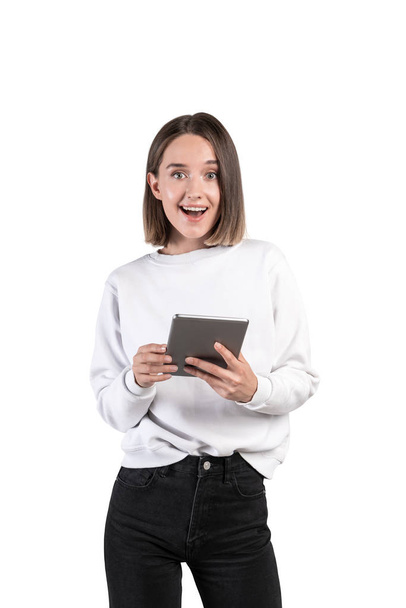 Happy young woman with tablet, isolated - Fotografie, Obrázek