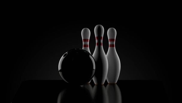 Bowling ball and pins on black background - Fotoğraf, Görsel
