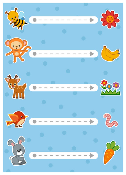 Trace the dotted lines from animals to food. Connect the dots, education game for children. - Vector, Image