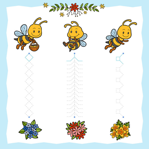 Rastreie as linhas pontilhadas das abelhas às flores. Conecte os pontos, jogo de educação para crianças
. - Vetor, Imagem