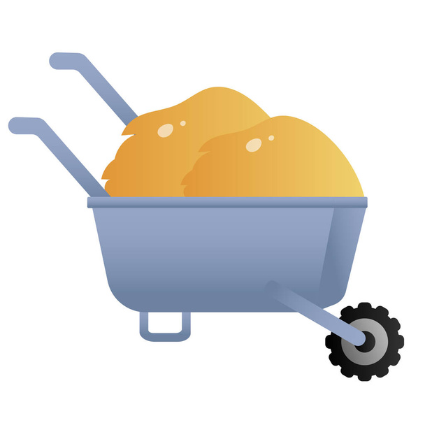 Color image of cartoon wheelbarrow with hay on white background. Farm work. Vector illustration for kids. - ベクター画像