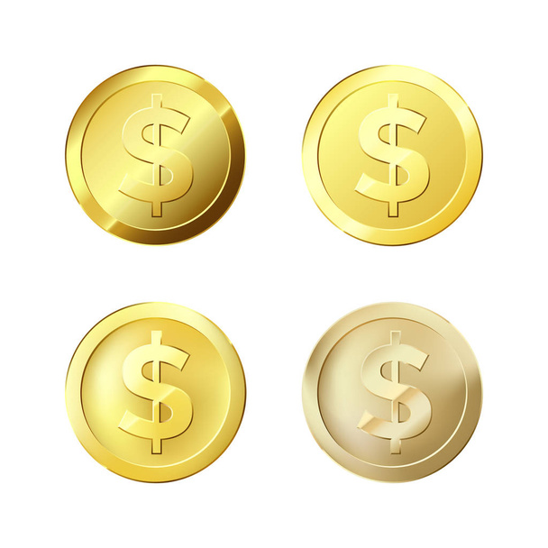 Golden Coins. Set of different gold coins. Glossy color money. Vector - Vecteur, image