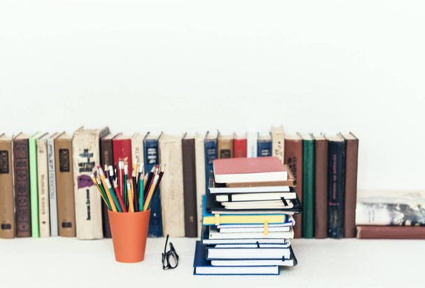 Notebooks piles, stack of books education back to school backgro - Φωτογραφία, εικόνα