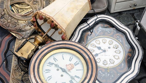 old objects at Marolles district flea market in Brussels - Photo, Image