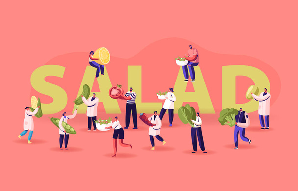 Άτομα με συστατικά για το μαγείρεμα Salad Concept. Μικροσκοπικοί ανδρικοί και γυναικείοι χαρακτήρες που κρατούν τεράστια λαχανικά για υγιεινά τρόφιμα Εικονογράφηση επίπεδου διανύσματος κινουμένων σχεδίων - Διάνυσμα, εικόνα