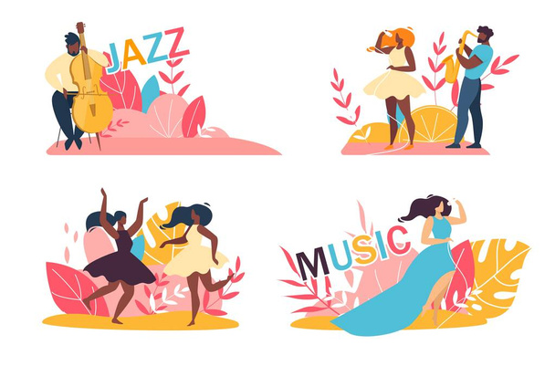 Muziek Jazz Festival Cartoon Talentvolle Mensen Set - Vector, afbeelding