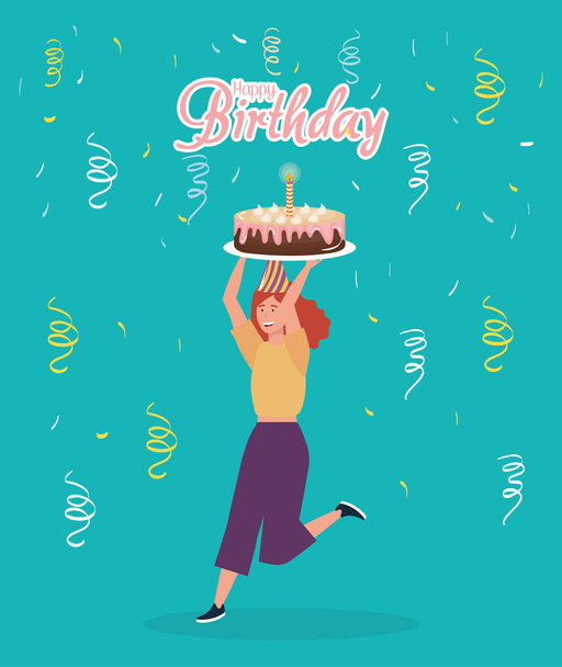 happy birthday, woman with cake confetti celebration party event decoration - Vektori, kuva