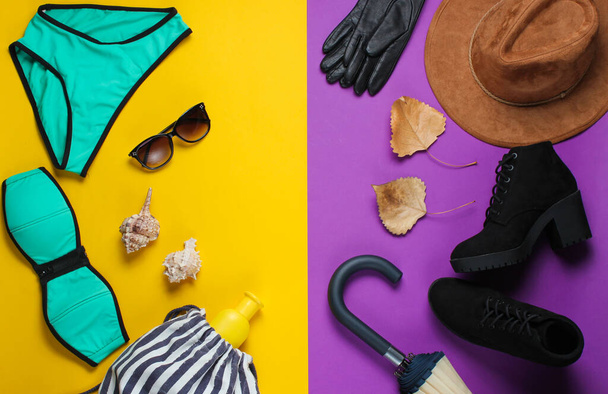 Kleidung und Accessoires Herbst und Sommer Strandsaison auf farbigem Papier Hintergrund. Mode minimalistisches Konzept. Ansicht von oben - Foto, Bild