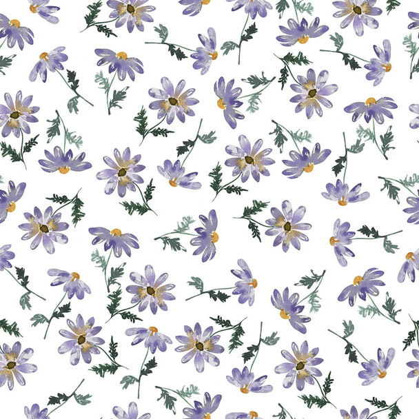 Seamless pattern with lilac camomiles or daisy flowers and green leaves on white background. Hand drawn watercolor illustration. - Photo, image