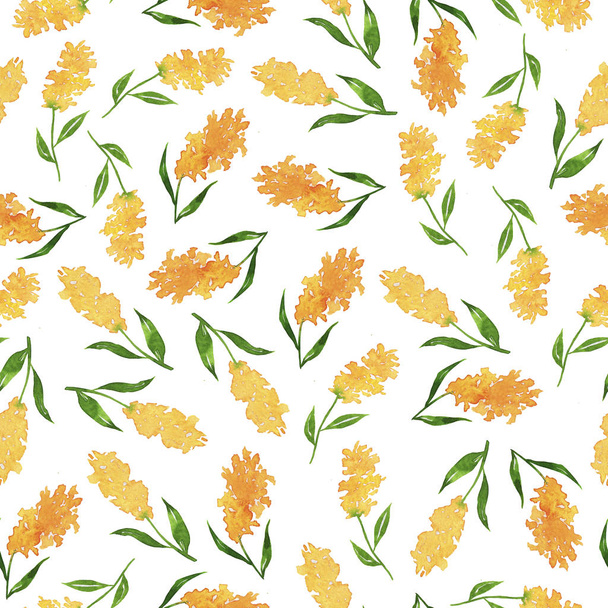 Απρόσκοπτη μοτίβο με διακοσμητικά κίτρινα λουλούδια και πράσινα φύλλα σε λευκό φόντο. Ύφασμα ή σχέδιο γάμου. Χειροποίητη ακουαρέλα. - Φωτογραφία, εικόνα