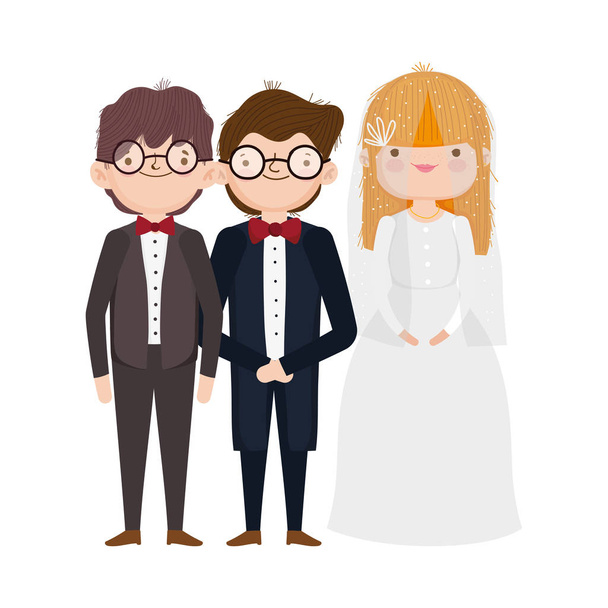 wedding bride and grooms cartoon characters elegant suits - Διάνυσμα, εικόνα