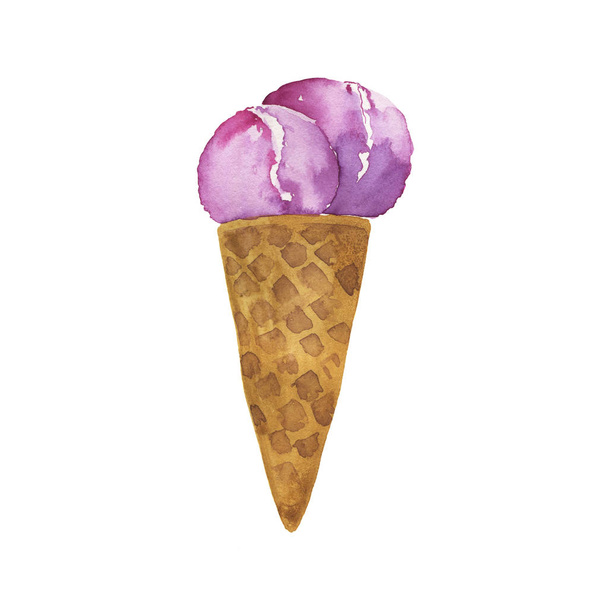Cute purple berry or fruit ice ceam in wafer cone isolated on white background. Hand drawn watercolor illustration. - Фото, зображення