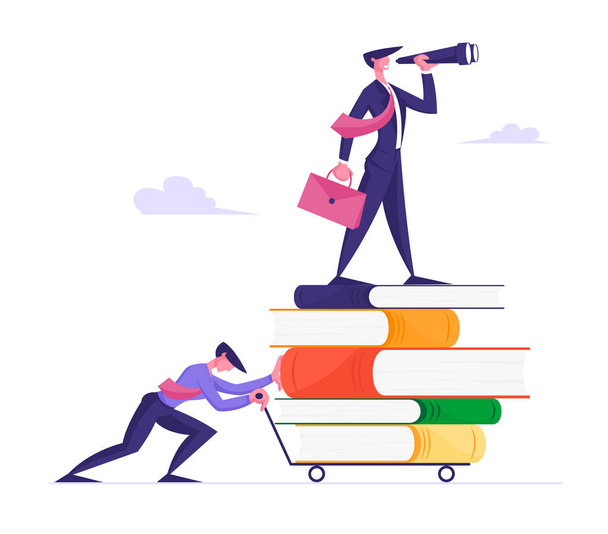 Weg zum Erfolg, Geschäftsvision und Ausbildungskonzept. Geschäftsmann schiebt Einkaufswagen mit riesigem Bücherstapel - Vektor, Bild