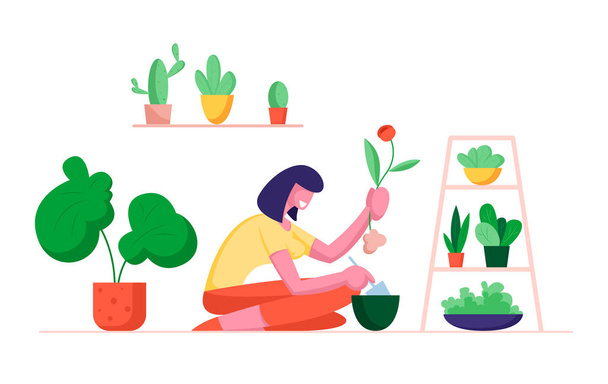 Botanikerin mit Spaten umgräbt heimische Pflanze und pflanzt sie in einen anderen Topf. Gartenhobby, weiblicher Charakter - Vektor, Bild