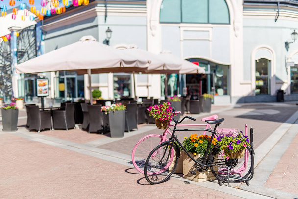 Europe street shops flowers bicycles Sunny day - Photo, Image
