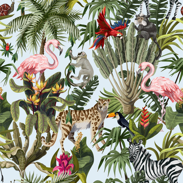 Απρόσκοπτη μοτίβο με ζώα της ζούγκλας, λουλούδια και δέντρα. Διάνυσμα. - Διάνυσμα, εικόνα