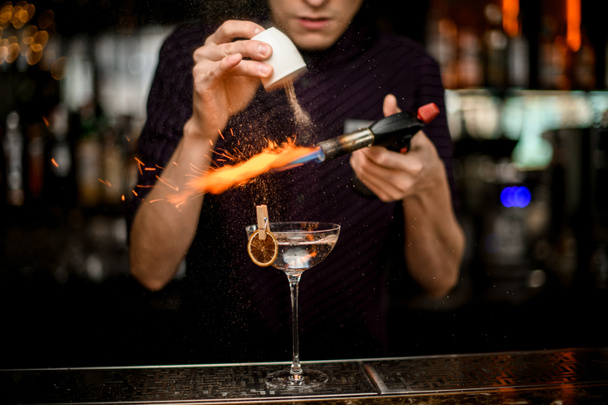 Profesionální barman přidává do alkoholického koktejlu ve skleněném koření a pálí je - Fotografie, Obrázek
