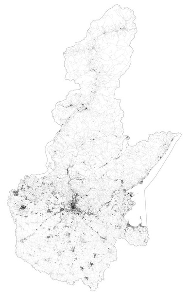 Műholdas térkép Brescia tartományról, városokról és utakról, épületekről és a környező területek összekötő útjairól. Lombardy, Olaszország. Térképek, körutak - Vektor, kép
