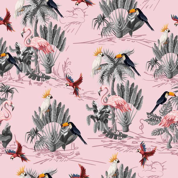 Seamless pattern with jungle animals, flowers and trees. Vector. - Vector, Image