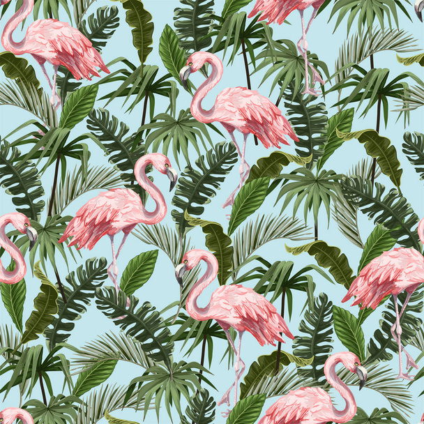 Flamingo ve tropikal yapraklarla kusursuz desen. Vektör. - Vektör, Görsel