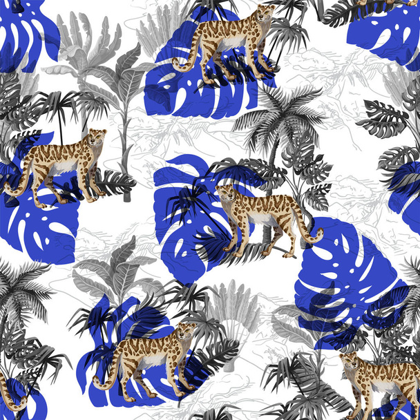 Бесшовный рисунок с леопардом и тропическим пейзажем. Вектор
. - Вектор,изображение